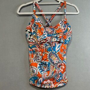 Lands' End Tankini Top Womens 12D Orange Blue Paisley Underwire Ruched Swimsuit